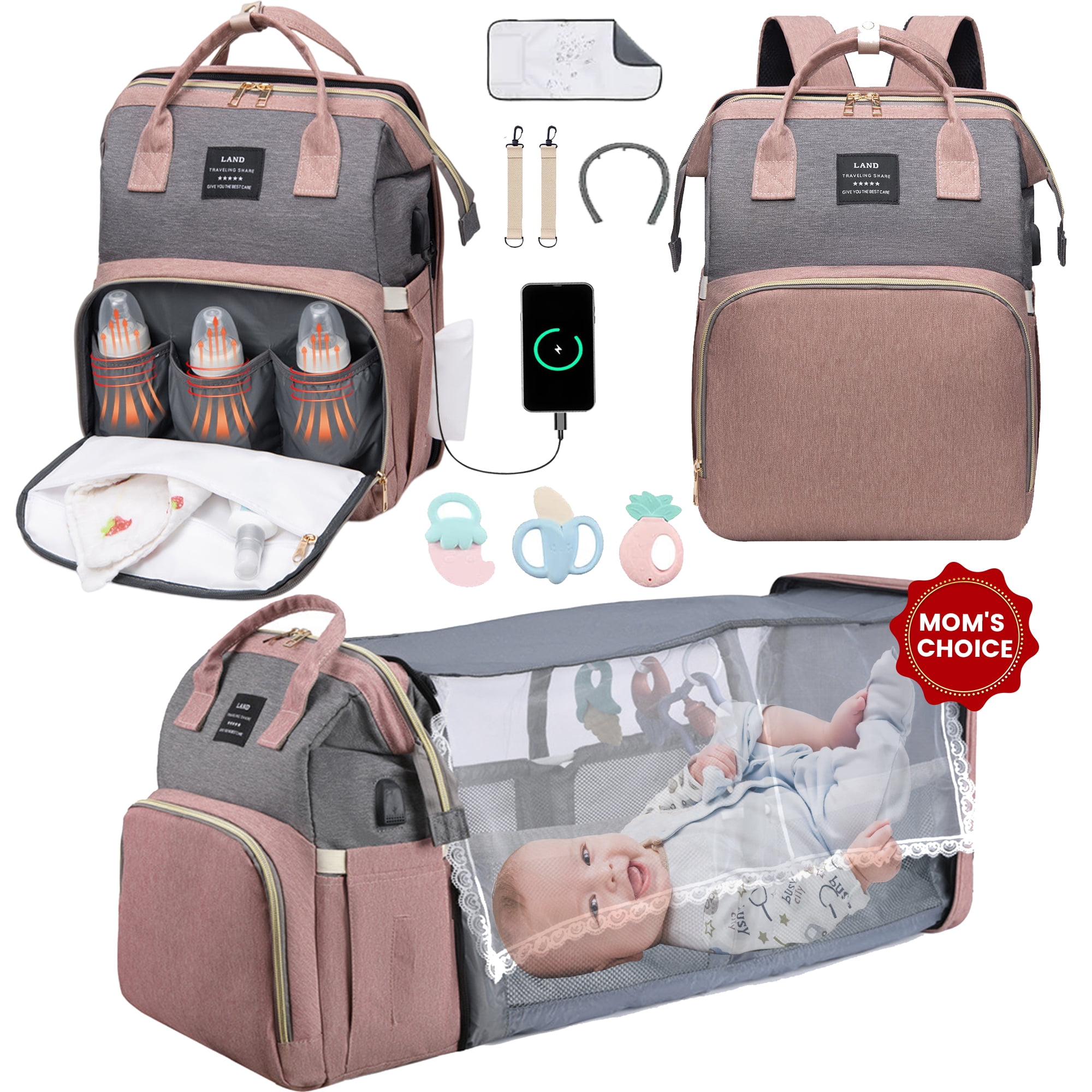 Diaper Backpack, Baby Diaper Bag Backpack for Boys& Girls, Large Capacity Baby Changing Bag w/ Foldable Crib & Insulated Milk Bottle Pocket - Waterproof and Stylish (Pink)