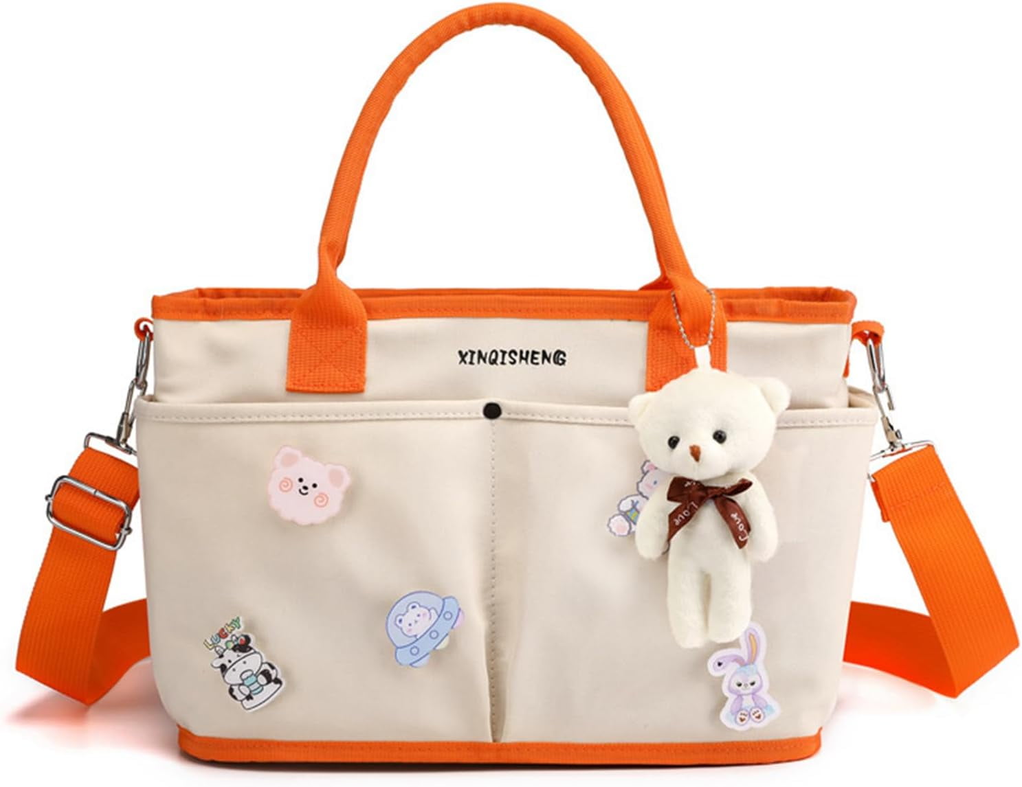 Diaper Bag Baby Tote Large Capacity Baby Changing Bag with Insulated Pockets Stroller Straps, Bear Pendant