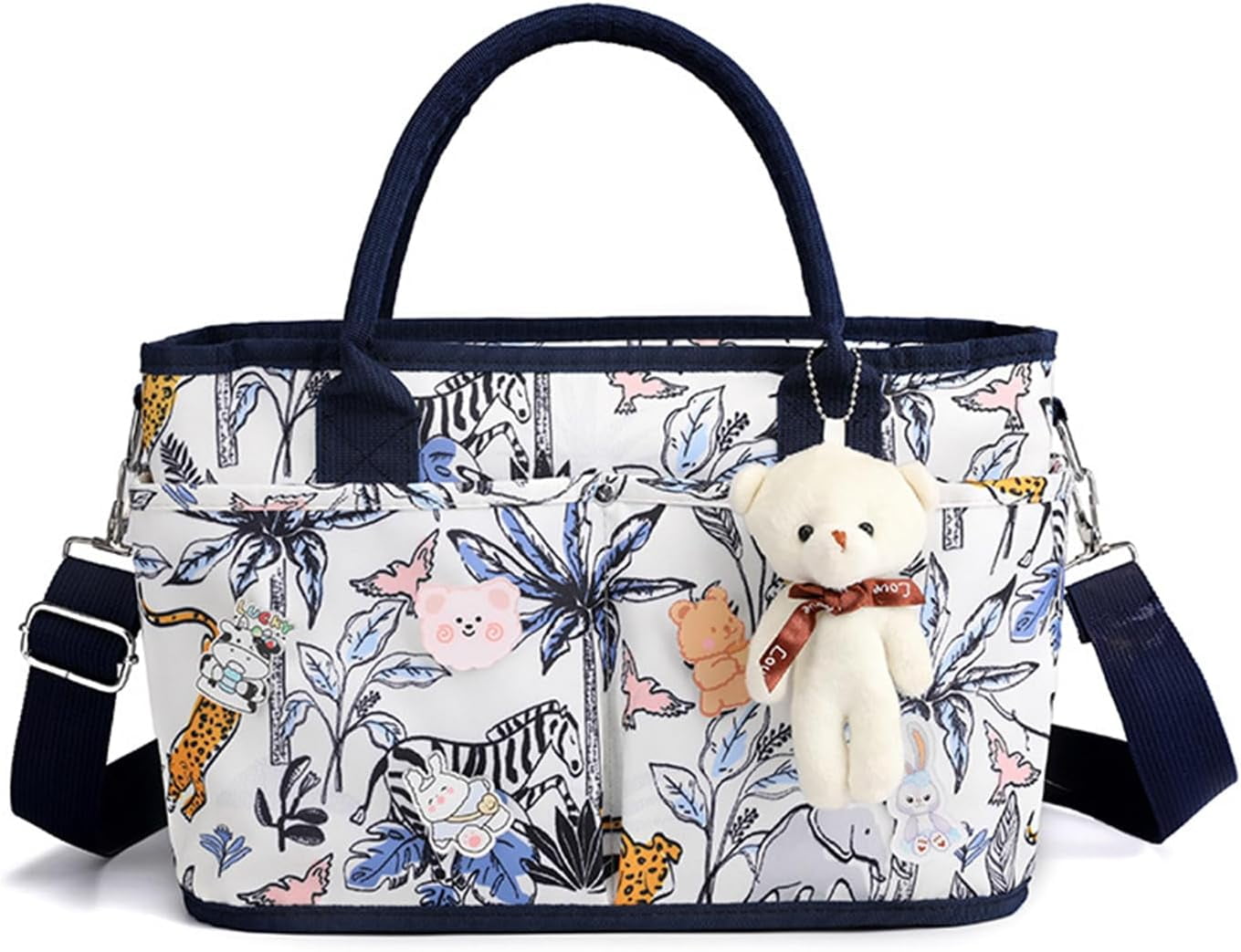 Diaper Bag Baby Tote Large Capacity Baby Changing Bag with Insulated Pockets Stroller Straps, Bear Pendant
