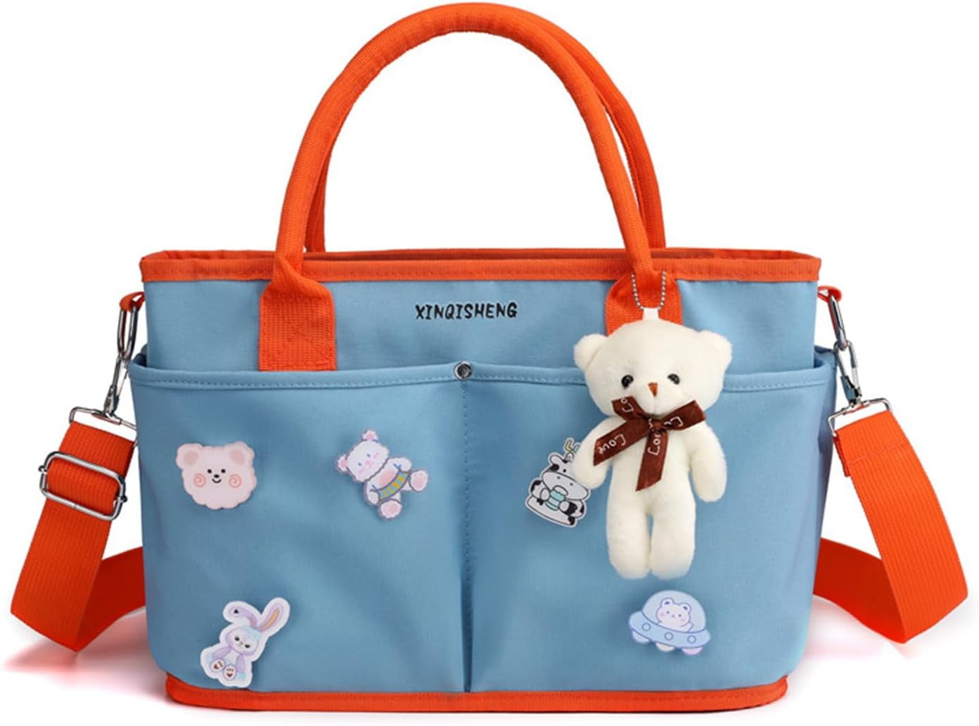 Diaper Bag Baby Tote Large Capacity Baby Changing Bag with Insulated Pockets Stroller Straps, Bear Pendant