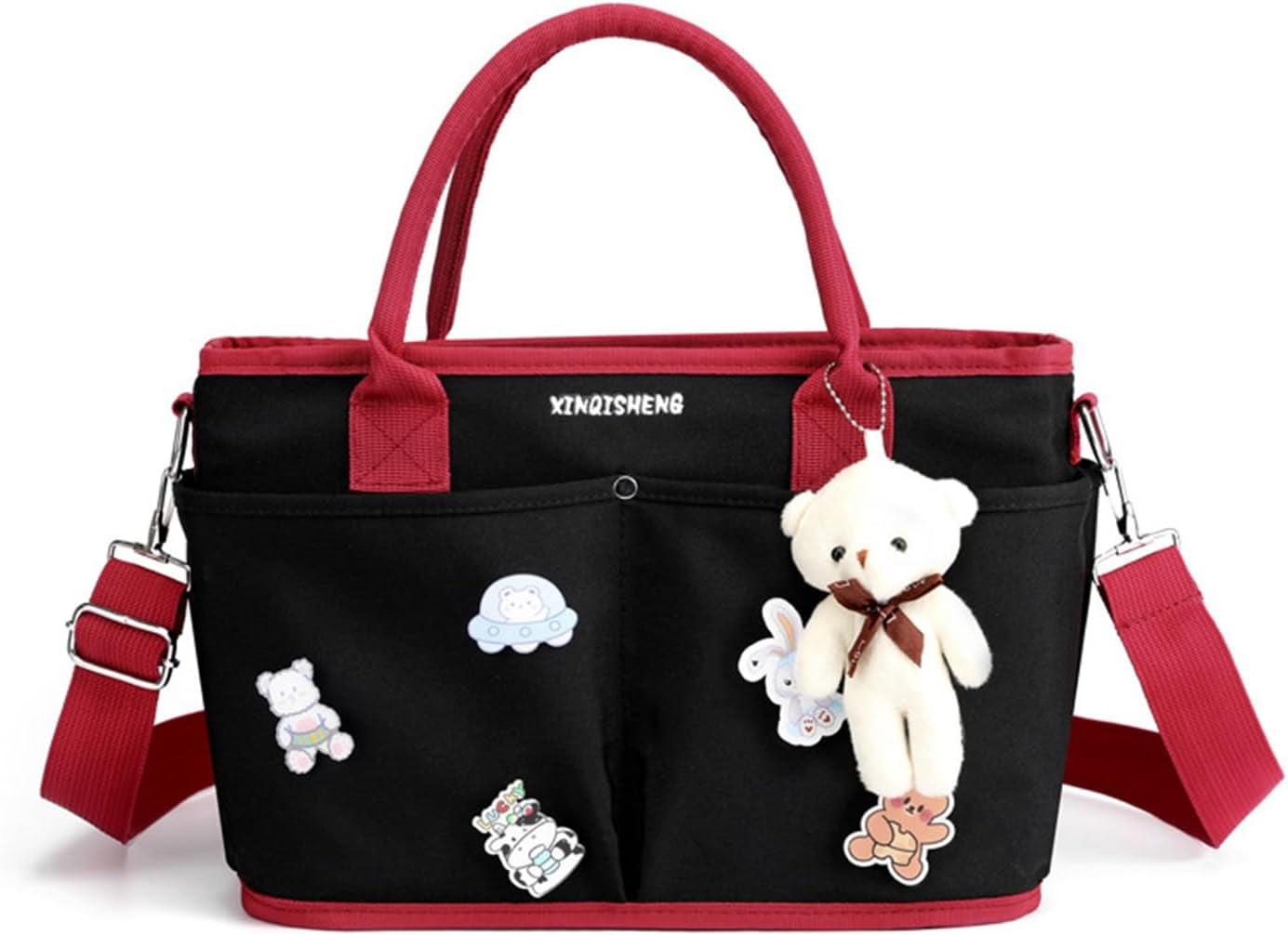 Diaper Bag Baby Tote Large Capacity Baby Changing Bag with Insulated Pockets Stroller Straps, Bear Pendant