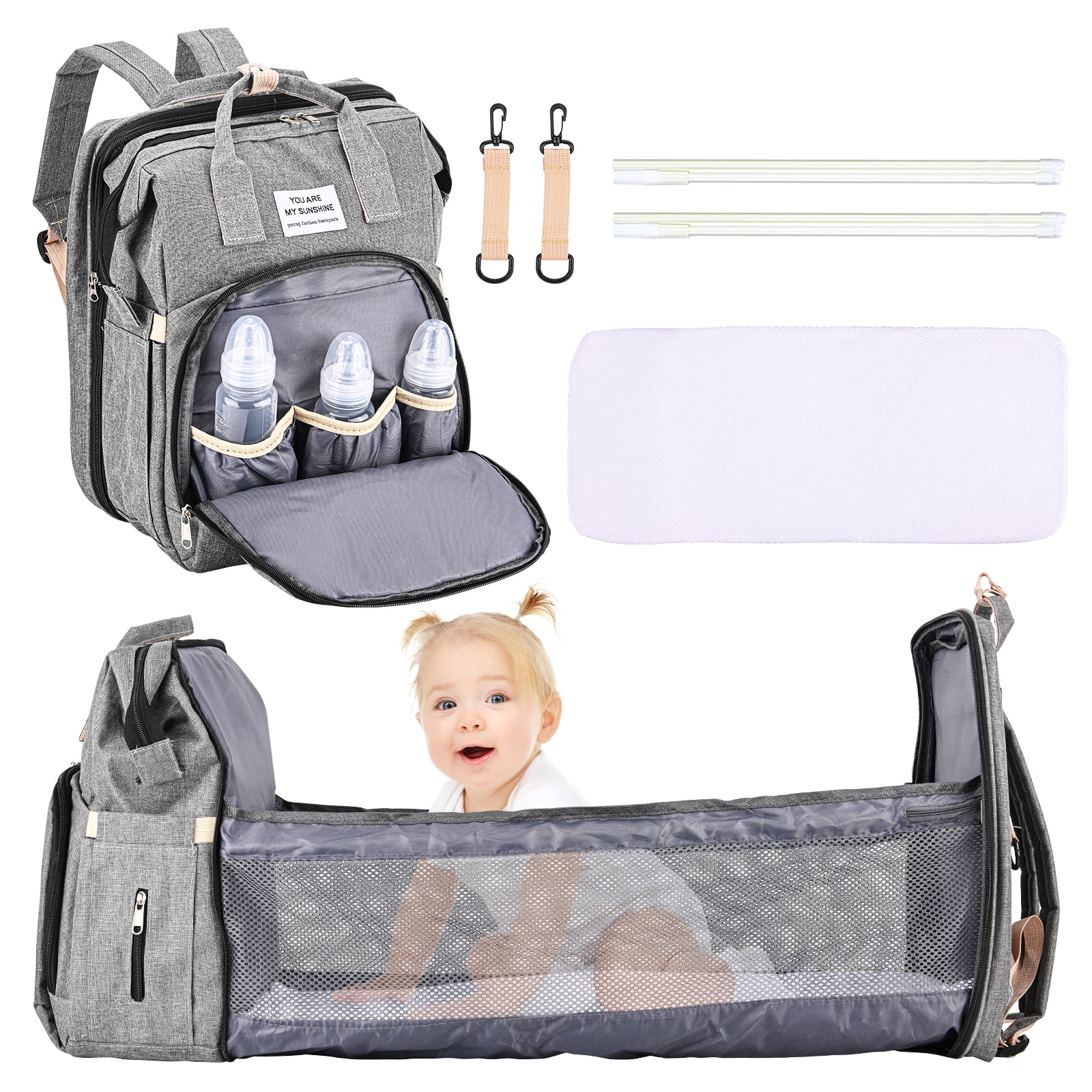 Diaper Bag Backpack, 20L Baby Diaper Bag with Foldable Crib & Insulated Milk Bottle Pocket, Baby