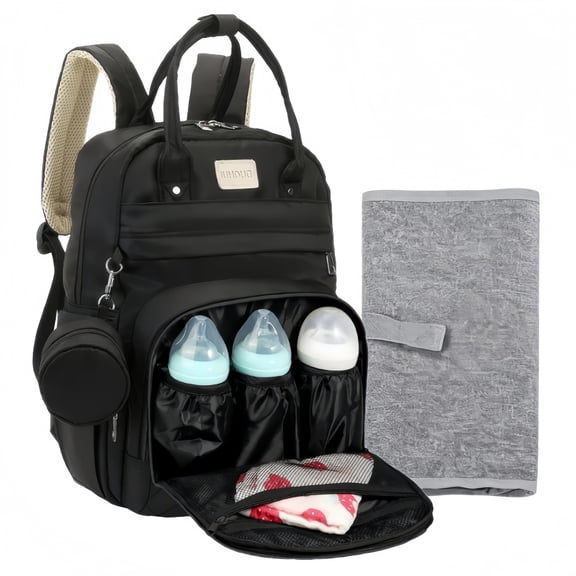 Diaper Bag Backpack-Multifunction Travel Baby Diaper Bag with Changing Pad, Bottle Holders & Pacifier Case, Large Capacity, Waterproof, Black