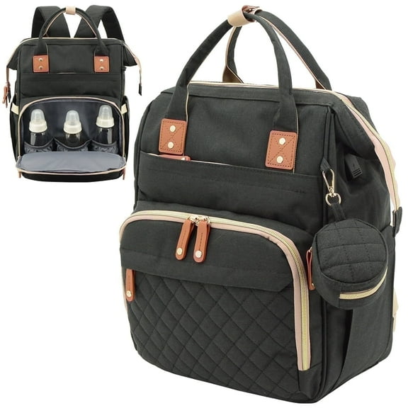 Diaper Bag Backpack, DERSTUEWE Diaper Backpack, Baby Bag with Insulated Bottle Pockets, Unisex, Black