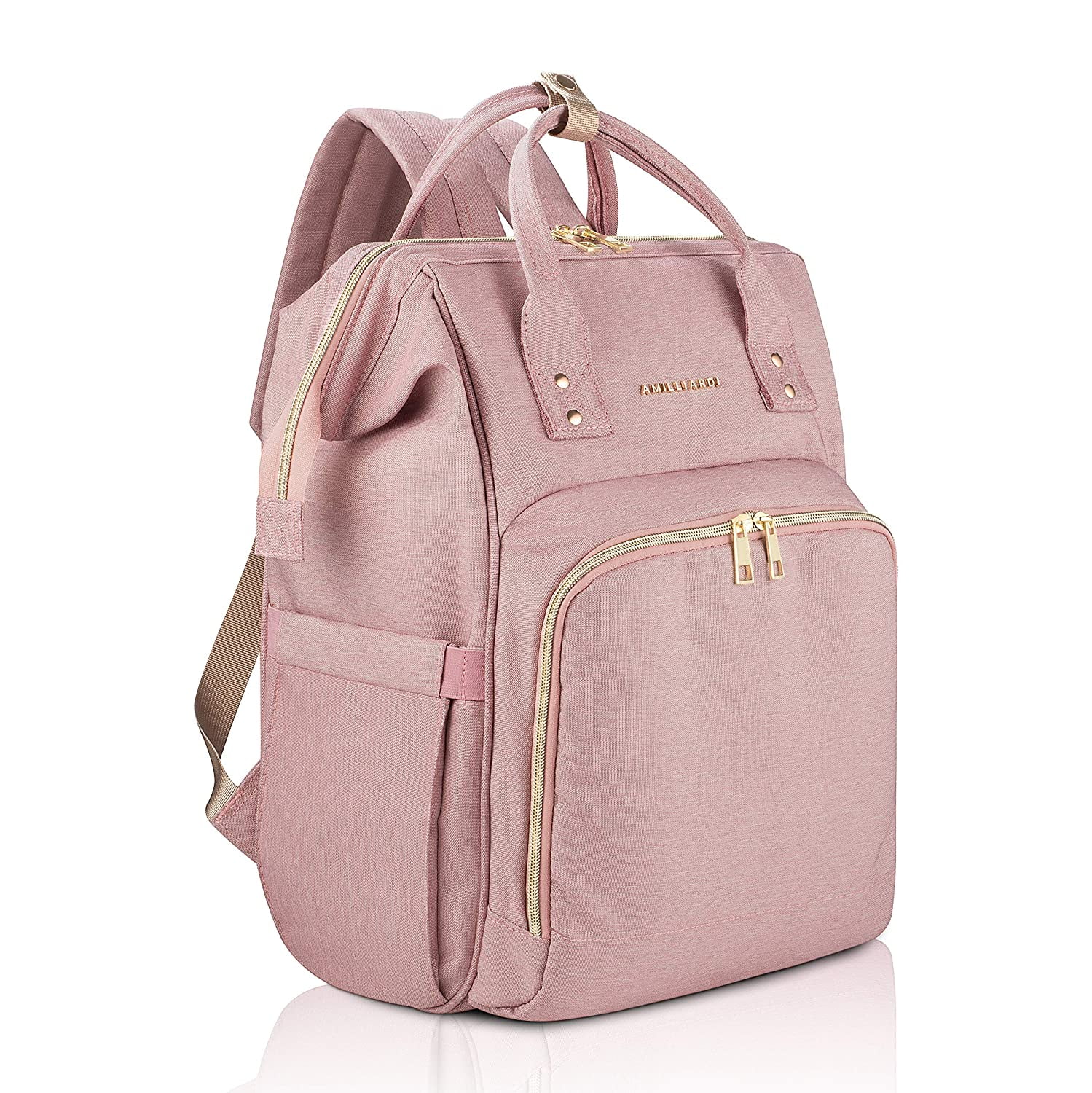 Amilliardi Diaper Bag Backpack - 2 Insulated Bottle Holders - Detachable Stroller Straps - Caramel Vegan Leather - Small