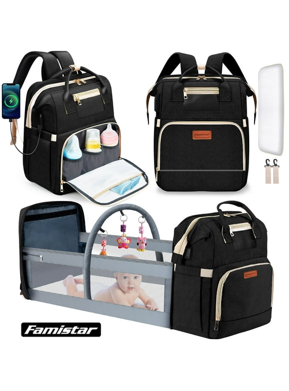 Diaper Bag Backpack, 8 in 1 Baby Bag with Changing Station for Mom, Multifunction Large Diaper Bag w/ Toy Rod, Changing Pad, USB Charging Port, Travel Backpack w/Sunshade, Mosquitoes Net, Black