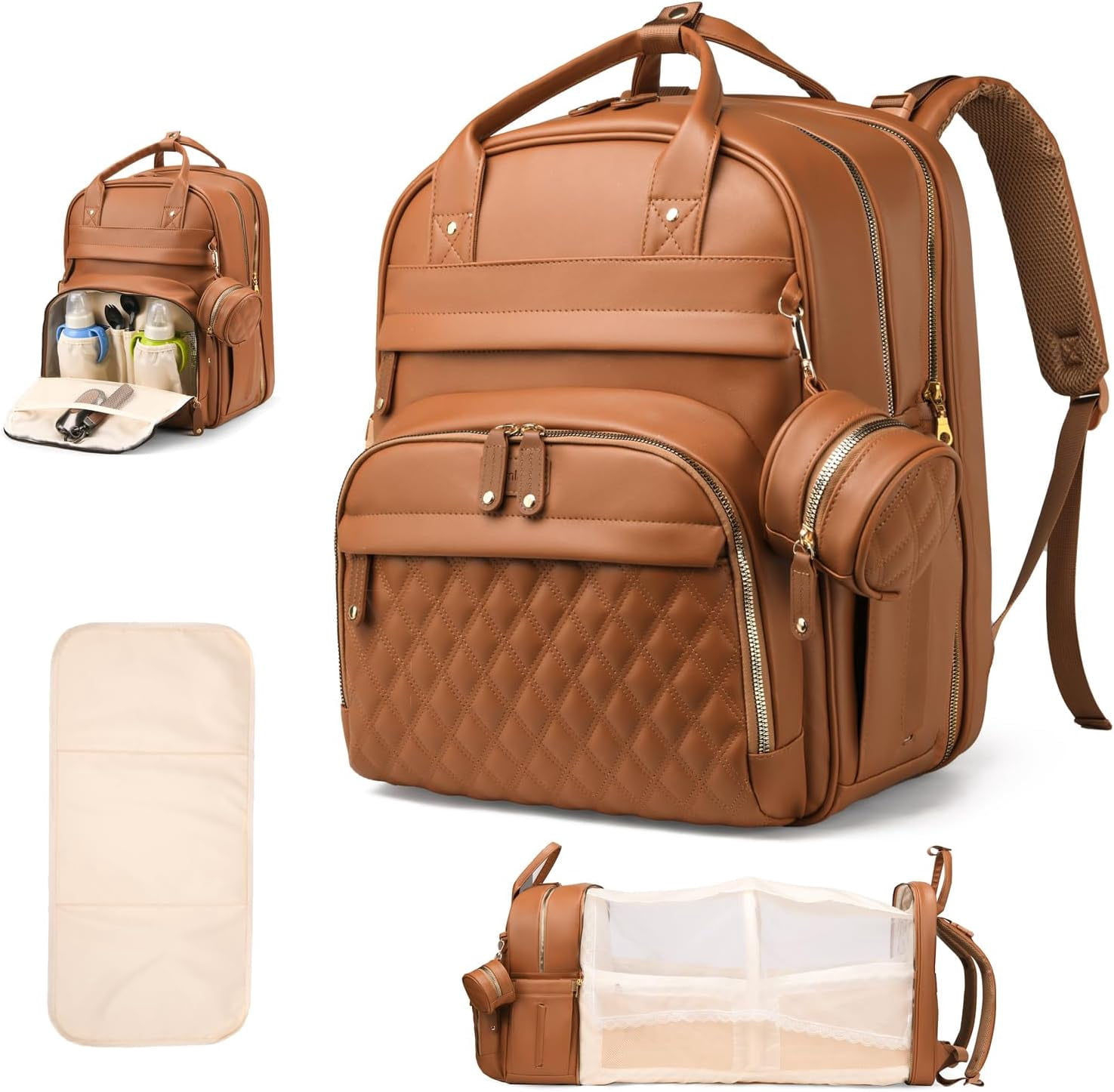 Diaper Bag Backpack with Changing Station, Newborn Essentials Must Haves, Water-Resistant Vegan Leather Diaper Backpack, Large Capacity Baby Travel Bag with Stroller Straps, Unisex Brown