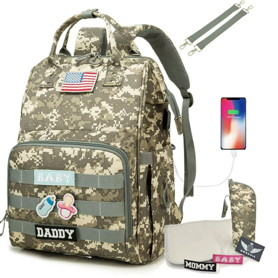 Diaper Bag Backpack for Dad and Mom with USB Charging Port Stroller Straps and Insulated Pocket,army military Travel Nappy Backpack for Daddy/Mommy (Green Camo)