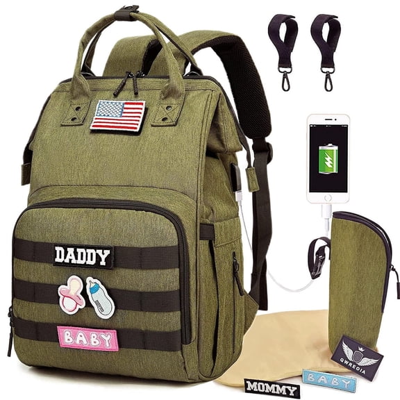 Diaper Bag Backpack for Dad and Mom with USB Charging Port Stroller Straps and Insulated Pocket,army military Travel Nappy Backpack for daddy mommy (Green)