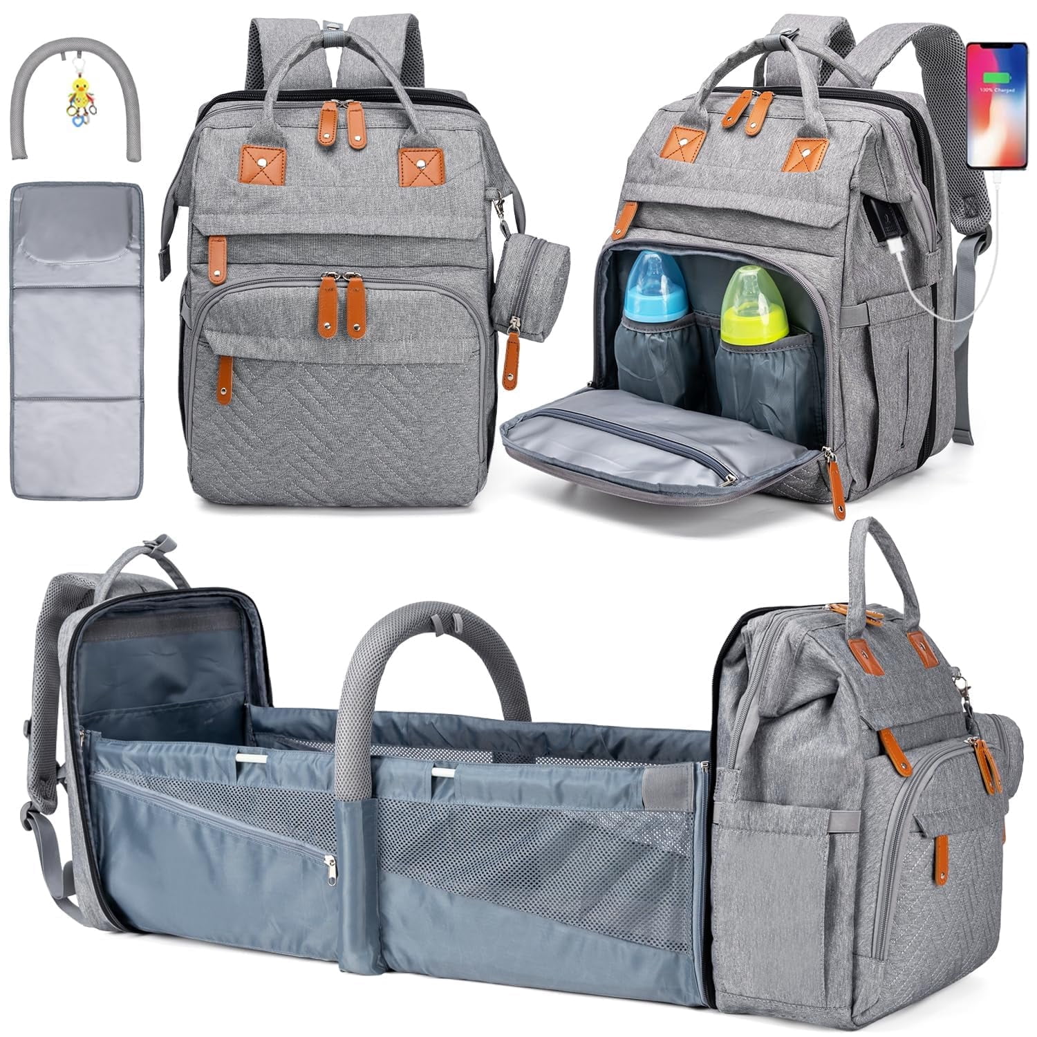Diaper Bag Backpack with Detachable Changing Station, Large Capacity Baby Diaper Bags for Boys & Girls, Baby Registry Search Stuff & Shower Gifts, Newborn Essentials Must Haves, Grey