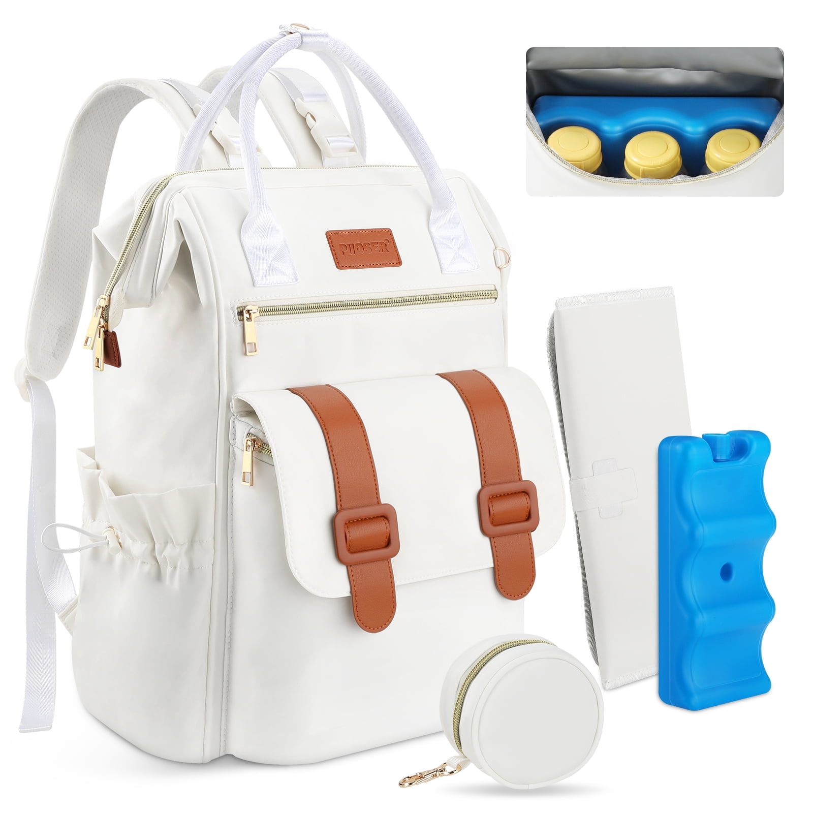 Diaper Bag Backpack with Ice Pack, Large Capacity Waterproof Baby Travel Backpack for Moms & Dads, Insulated Cooler Bag with Changing Pad, Stroller Straps & Pacifier Case, Cream