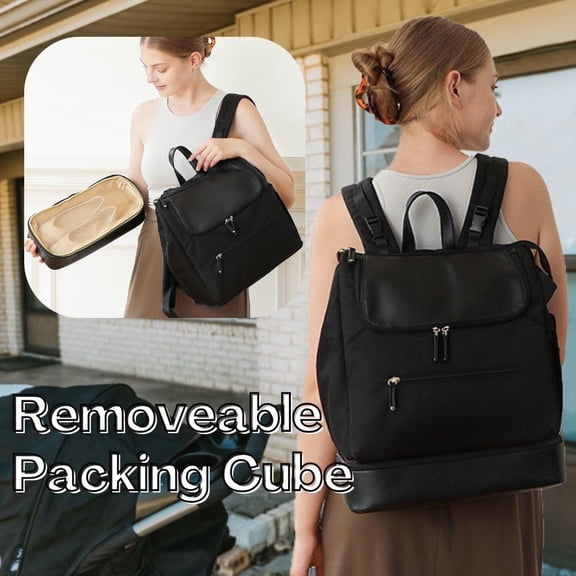 Diaper Bag Backpack - Large Baby Diaper Bag with 14 Pocket, Leather & Nylon Travel Diaper Backpack for Mom, Breast Pump Bag, Removable Cooler Compartment, Double Layer, Black