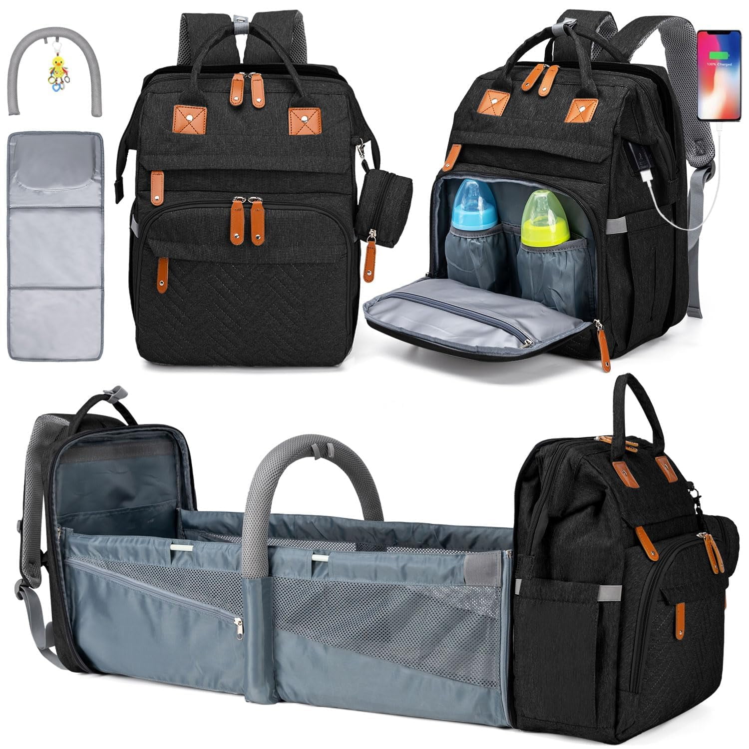 Diaper Bag Backpack, Large Baby Diaper Bags for Boys Girls, Baby Bag with USB Charging Port, Multifunction Waterproof Travel Back Pack for Moms Dads, Black-2s