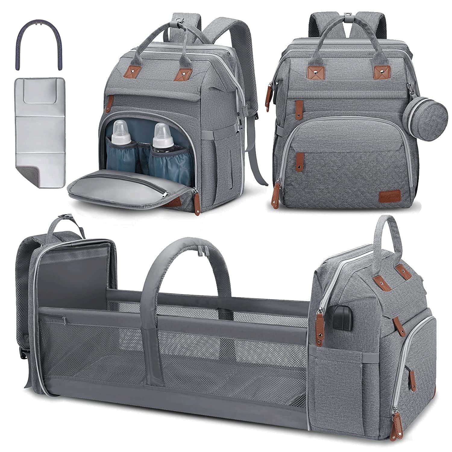 Diaper Bag Backpack – Large Capacity Baby Diaper Bag with Changing Pad, Waterproof Travel Backpack for Boys & Girls, Multi-Function Baby Bag with USB Charging Port, Grey