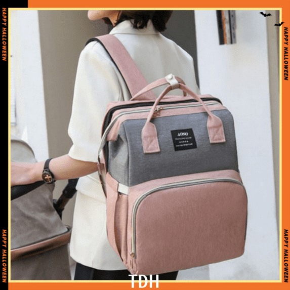 Diaper Bag Backpack, Large Waterproof Travel Baby Bags with Changing Pad, Baby Folding Bed, Pink Grey