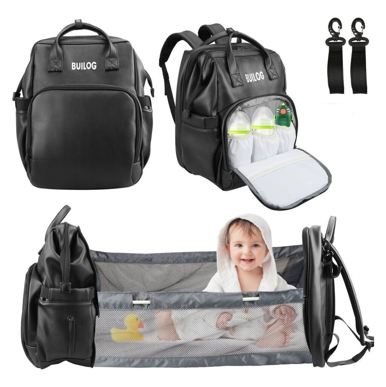 Diaper Bag Backpack Leather Baby Bag with Changing Station Portable Baby Bag,Bed