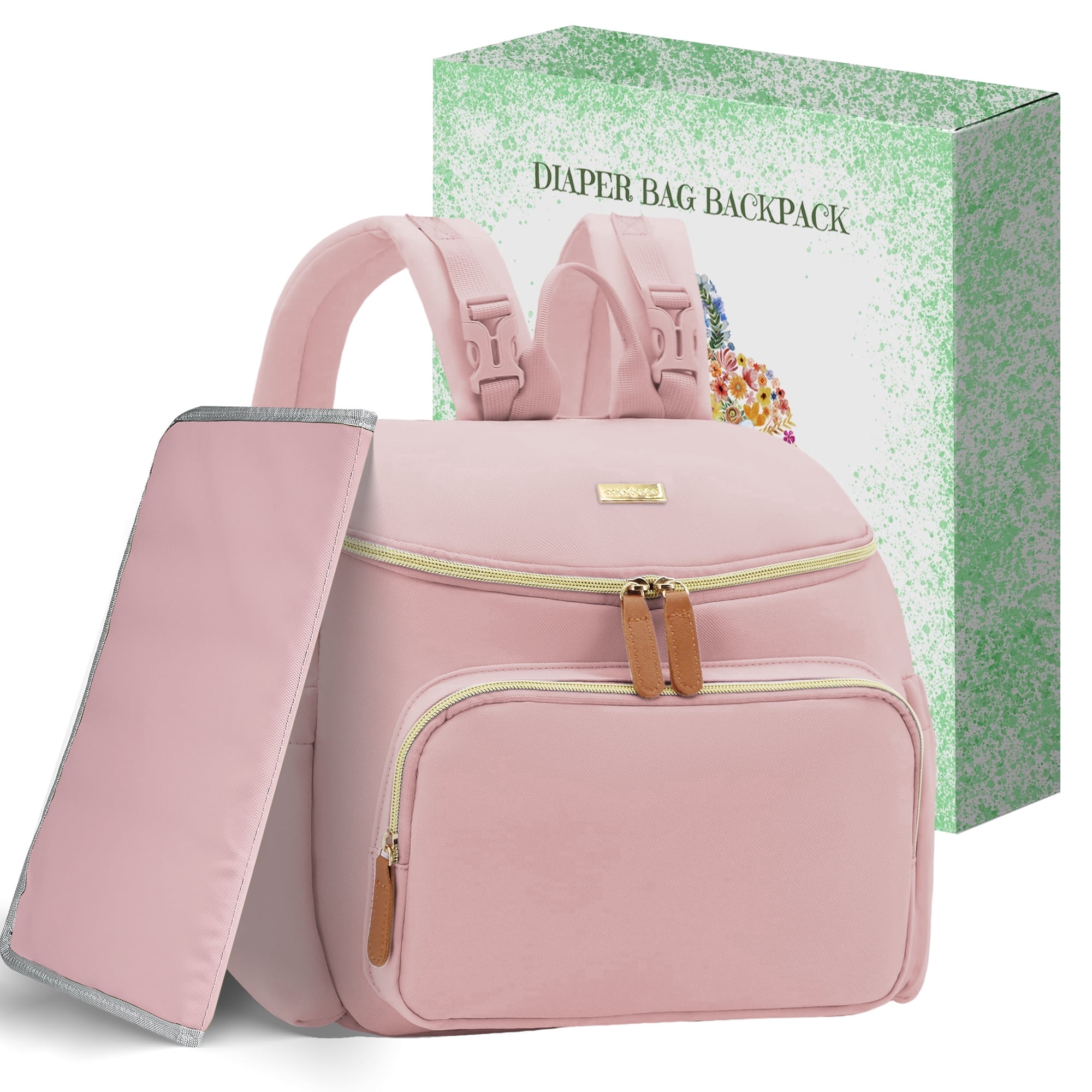 Diaper Bag Backpack, Lightweight Stylish Travel Baby Bag with Changing Pad, Pink