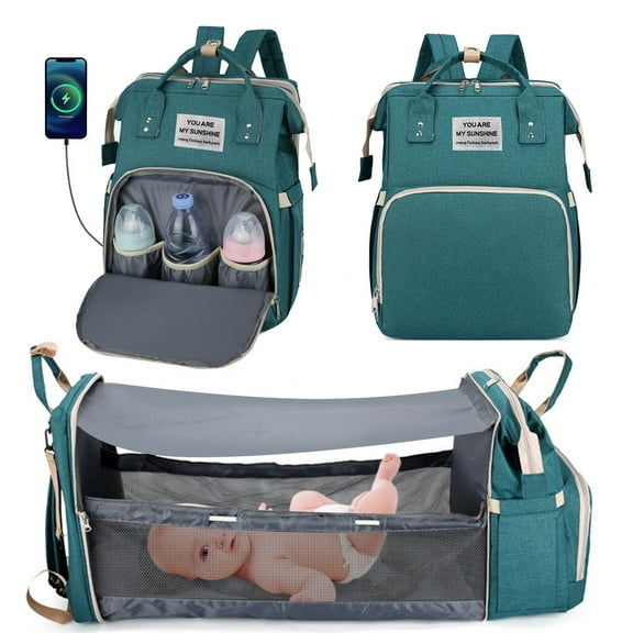 Diaper Bag Backpack, Multifunction Baby Bag with Changing Station, Foldable Crib, Insulation Milk Bottle Pocket, Waterproof Large Capacity Travel Bag with USB Charging Port, Gift for Mom Dad