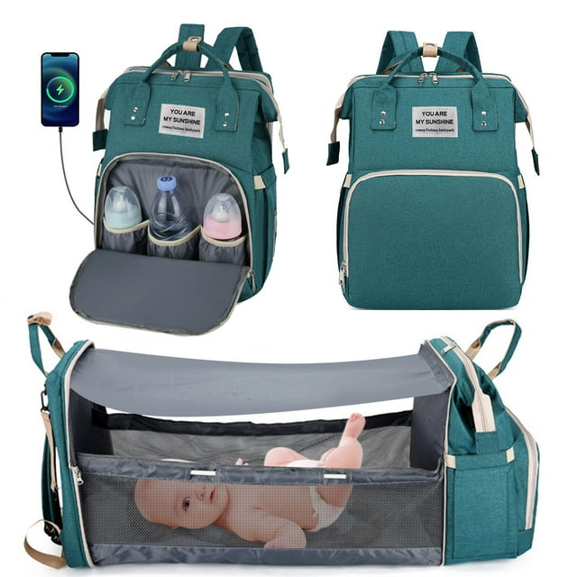 Diaper Bag Backpack, Multifunction Baby Bag with Changing Station, Foldable Crib, Insulation