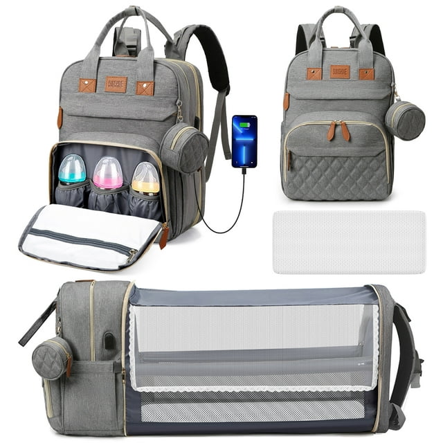 Diaper Bag Backpack, Multifunction Baby Diaper Bag with Changing Station, Large Capacity Waterproof Travel Backpack w/ Pacifier Case & USB Charging, Baby Stuff Organizer, Unisex Shower Gifts(Grey)