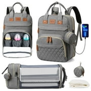 Diaper Bag Backpack, Multifunction Diaper Bag Backpack With Changing Station, USB Charging Port & Foldable Crib, Large Capacity Travel Backpack w/Sunshade&Pacifier Case&Stroller Straps(Grey)