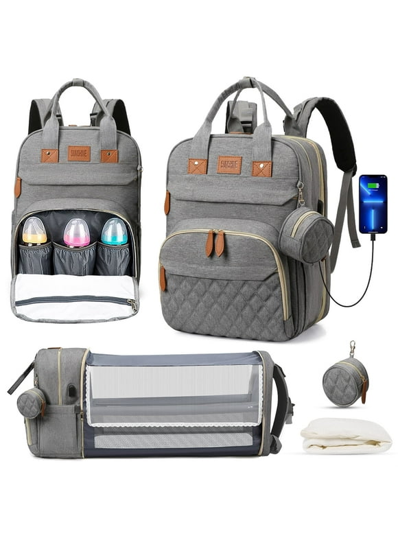 Diaper Bag Backpack, Multifunction Diaper Bag Backpack With Changing Station, USB Charging Port & Foldable Crib, Large Capacity Travel Backpack w/Sunshade&Pacifier Case&Stroller Straps(Grey)
