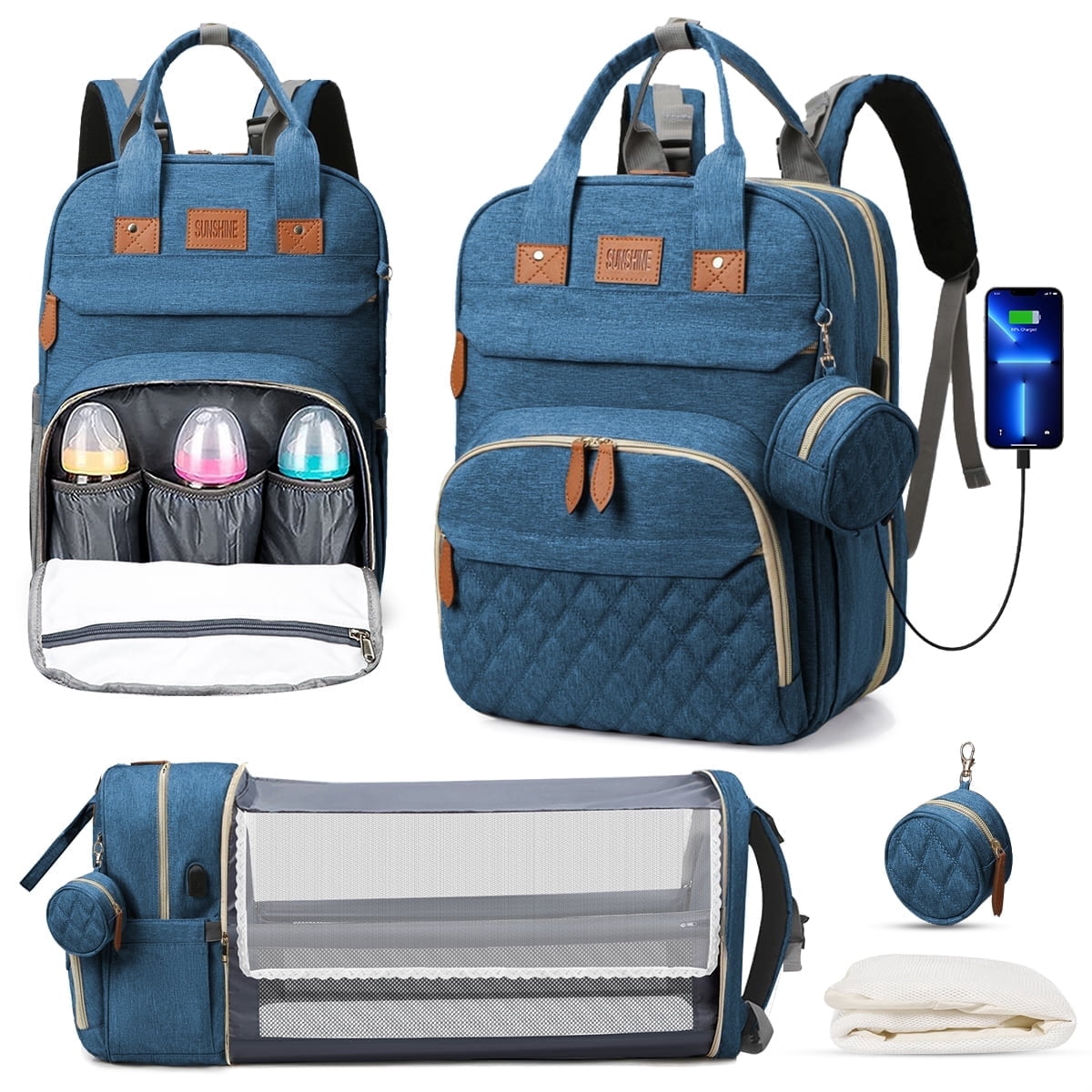 GPED Diaper Bag Backpack, Multifunction Diaper Bag Backpack with Changing Station, USB Charging Port & Foldable Crib, Large Capacity Travel Backpack w/Sunshade&Pacifier Case&Stroller Straps(Blue)