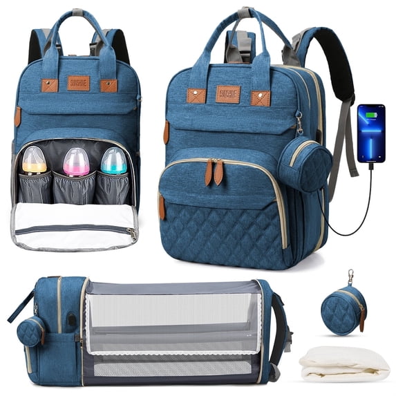 GPED Diaper Bag Backpack, Multifunction Diaper Bag Backpack with Changing Station, USB Charging Port & Foldable Crib, Large Capacity Travel Backpack w/Sunshade&Pacifier Case&Stroller Straps(Blue)
