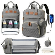 GPED Diaper Bag Backpack, Multifunction Diaper Bag Backpack with Changing Station, USB Charging Port & Foldable Crib, Large Capacity Travel Backpack w/Sunshade&Pacifier Case&Stroller Straps(Grey)