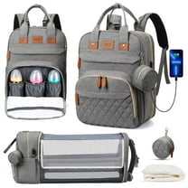 Diaper Bag Backpack, Multifunction Diaper Bag Backpack with Changing Station, USB Charging Port & Foldable Crib, Large Capacity Travel Backpack w/Sunshade&Pacifier Case&Stroller Straps(Grey)