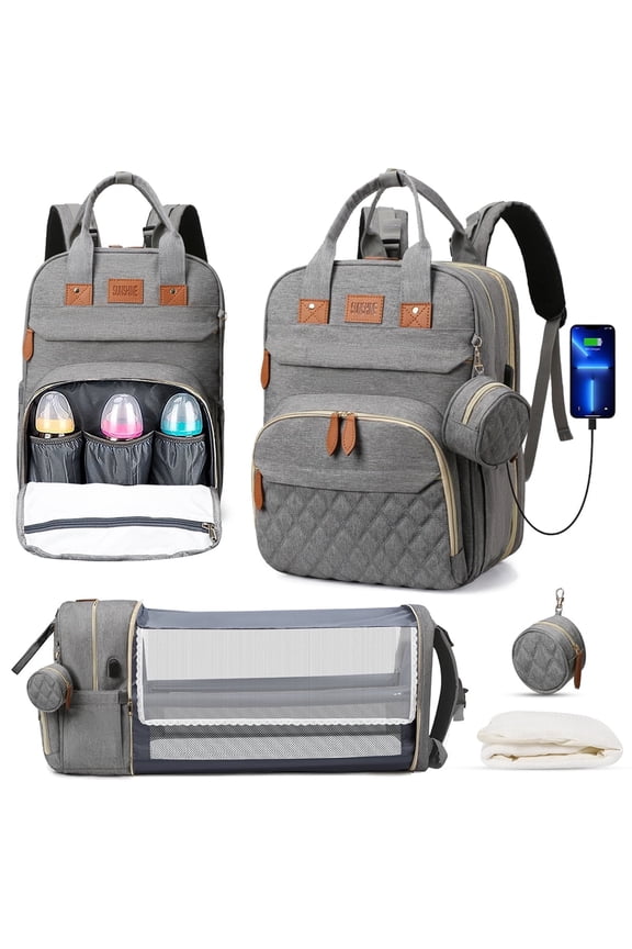 Diaper Bag Backpack, Multifunction Diaper Bag Backpack with Changing Station, USB Charging Port & Foldable Crib, Large Capacity Travel Backpack w/Sunshade&Pacifier Case&Stroller Straps(Grey)