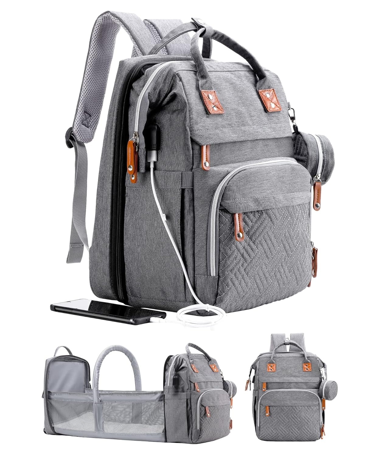 Diaper Bag Backpack, Multifunction Travel Pack Maternity Baby Changing Bags, Large Capacity, Waterproof, Gray