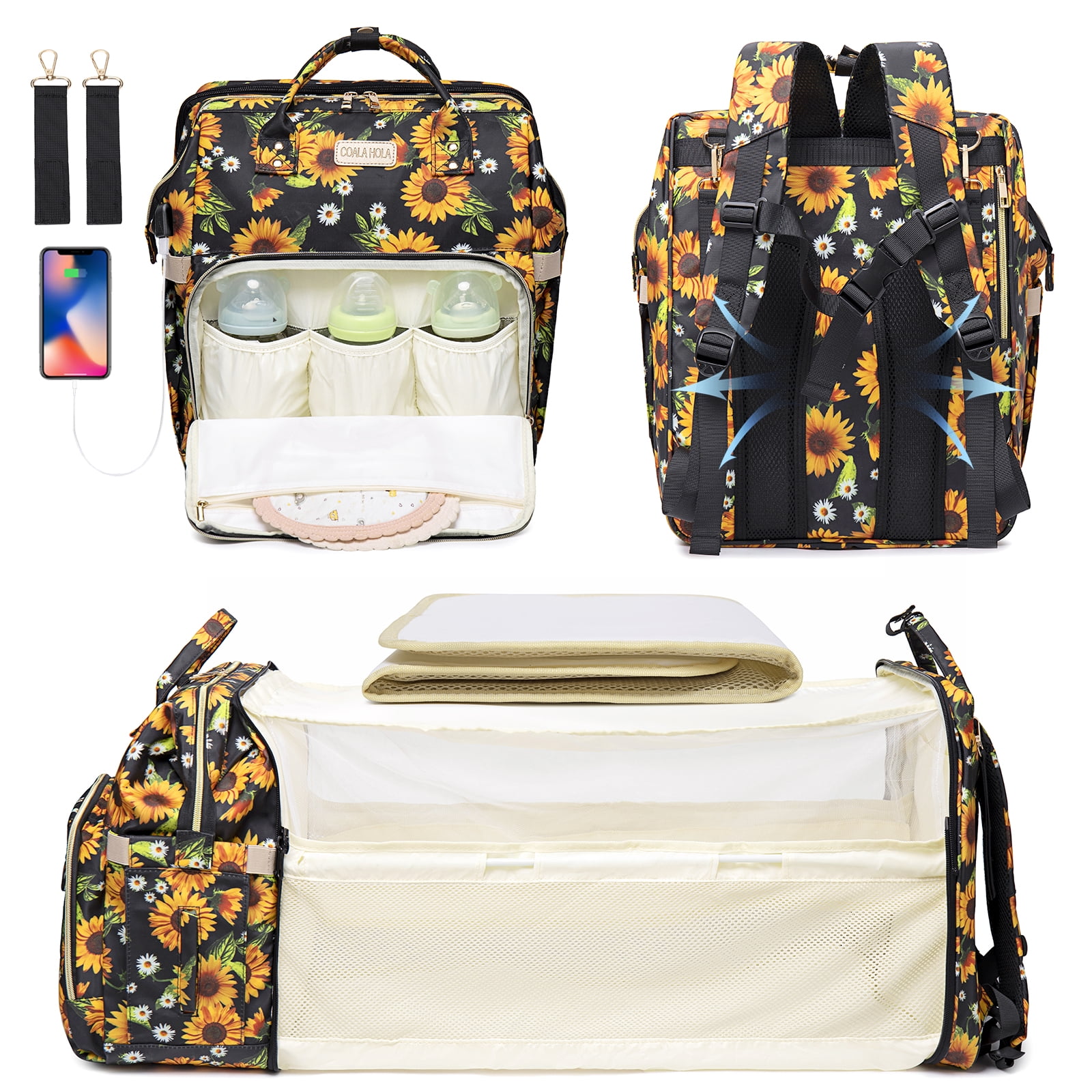 Diaper Bag Backpack with Foldable Crib, Waterproof Travel Backpack with Insulated Bottle Pockets, USB Charging Port, Stroller Straps, Sunflower Design