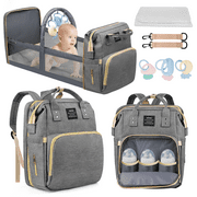 Diaper Bag Backpack, Multifunctional Baby Diaper Bags with Changing Station &Foldable Crib, Large Capacity Baby Bag for Boys Girls w/ USB Charging Port&Stroller Strap, Mom Gifts Baby Essentials(Gray)