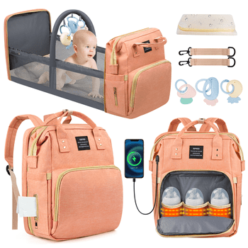 Diaper Bag Backpack, Multifunctional Baby Diaper Bags with Foldable Crib & Changing Station,Large Capacity Portable Travel Back Pack W/ USB Charging Port & Stroller Strap, Baby Shower Gifts(Pink)