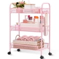 thumbnail image 1 of Slim Mesh Storage Cart 3 Tier, Bathroom Rolling Utility Cart Storage Organizer Slide Out Metal Cart, Mobile Rolling Cart Organizer for Office Bathroom Kitchen Laundry Room Narrow Places, Pink, 1 of 5