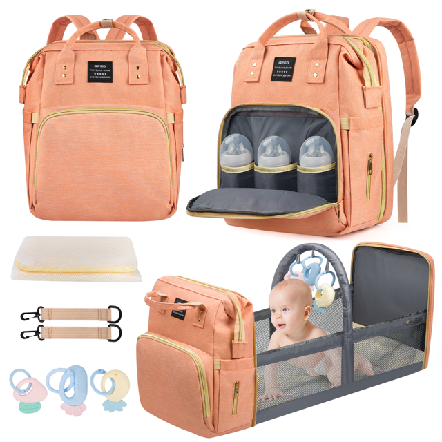Multifunctional Diaper Backpack with USB Charging, Foldable Crib