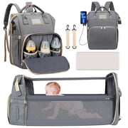 Diaper Bag Backpack, Multifunctional Baby Changing Bag with Foldable Crib & Insulated Milk Bottle Pocket, Large Capacity Travel Backpack with USB Charging Port & Stroller Strap Grey