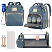Diaper Bag Backpack, Multifunctional Baby Changing Bag with Foldable Crib & Insulated Milk Bottle Pocket, Large Capacity Travel Backpack with USB Charging Port 