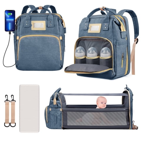Diaper Bag Backpack, Multifunctional Baby Changing Bag with Foldable Crib & Insulated Milk Bottle Pocket, Large Capacity Travel Backpack with USB Charging Port & Stroller Strap (Dark Blue)