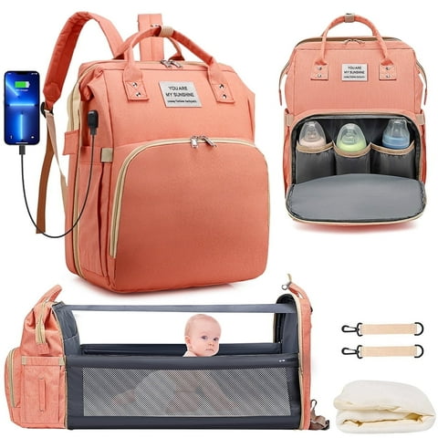 Diaper Bag Backpack, Multifunctional Baby Changing Bag with Foldable Crib & Insulated Milk Bottle Pocket, Large Capacity Travel Backpack with USB Charging Port & Stroller Strap (Pink)