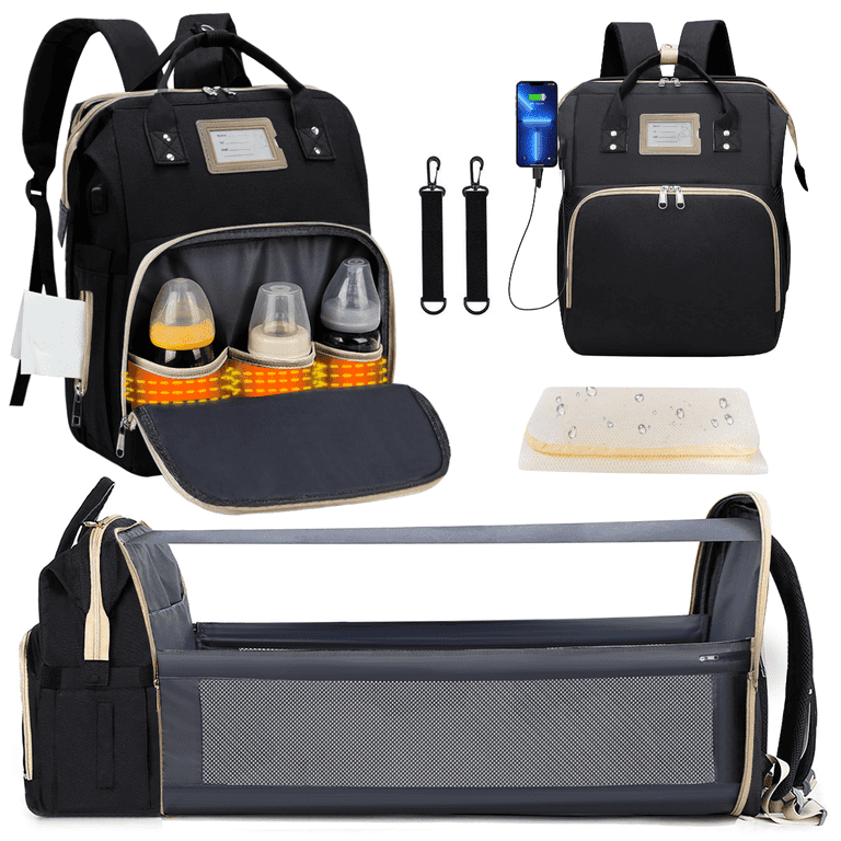 baby gear baby travel changing bag backpack black GPED Diaper Bag Backpack, Large Capacity Baby Bag with Foldable Crib,  Insulated Pockets, USB Port, Black