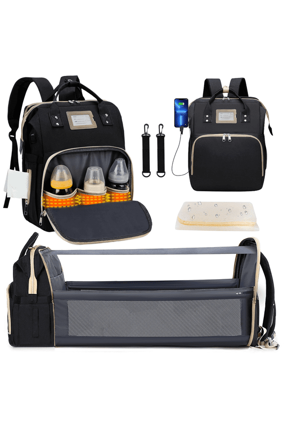 Diaper Bag Backpack, Multifunctional Baby Changing Bag with Foldable Crib & Insulated Milk Bottle Pocket, Large Capacity Travel Backpack with USB Charging Port & Stroller Strap (Black)