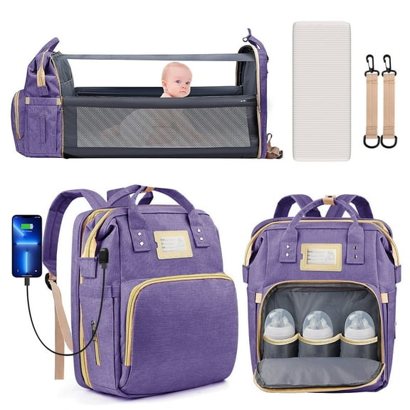 Diaper Bag Backpack, Multifunctional Baby Changing Bag with Foldable Crib & Insulated Milk Bottle Pocket, Large Capacity Travel Backpack with USB Charging Port & Stroller Strap (Purple)