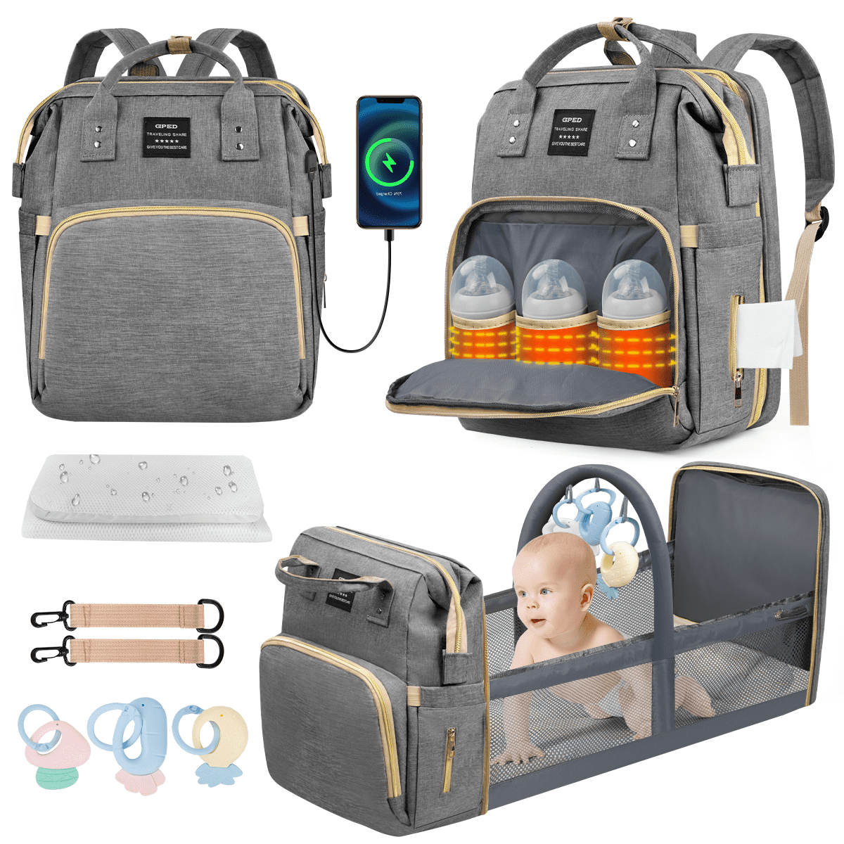 GPED Diaper Bag Backpack, Multifunctional Baby Changing Bag with Foldable Crib & Insulated Milk Bottle Pockets, Large Capacity Portable Travel Backpack with USB Charging Port for Moms Dads(Gray)