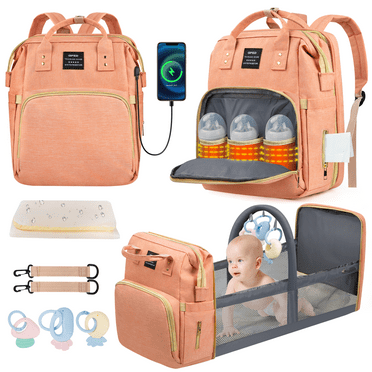 Diaper Bag Backpack, Multifunctional Baby Changing Bag with Foldable Crib & Insulated Milk Bottle Pockets, Large Capacity Portable Travel Backpack with USB Charging Port, Nappy Bag for Moms Dads(Pink)
