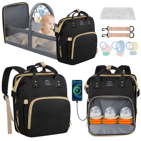 Diaper Bag Backpack, Multifunctional Baby Changing Bag with Foldable Crib &Insulated Milk Bottle Pockets, Large Capacity Portable Travel Backpack with USB Charging Port, Nappy Bag for Moms Dads,Black