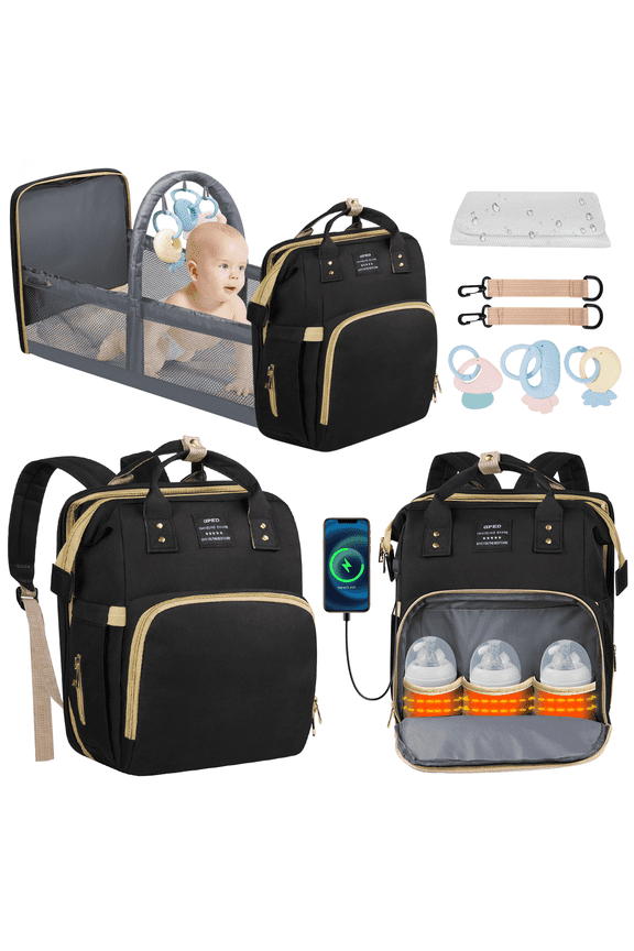 Diaper Bag Backpack, Multifunctional Baby Changing Bag with Foldable Crib &Insulated Milk Bottle Pockets, Large Capacity Portable Travel Backpack with USB Charging Port, Nappy Bag for Moms Dads,Black