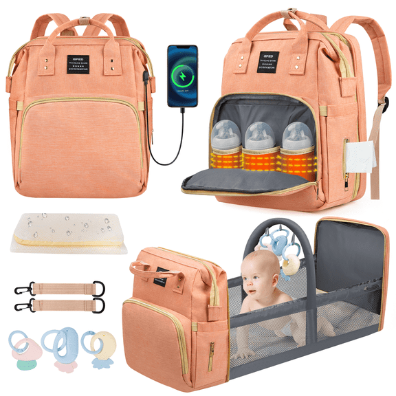 GPED Diaper Bag Backpack, Multifunctional Baby Changing Bag with Foldable Crib & Insulated Milk Bottle Pockets, Large Capacity Portable Travel Backpack with USB Charging Port for Moms Dads(Pink)