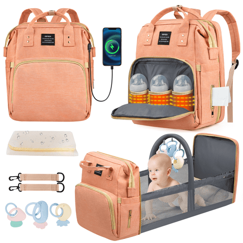GPED Diaper Bag Backpack, Multifunctional Baby Changing Bag with Foldable Crib & Insulated Milk Bottle Pockets, Large Capacity Portable Travel Backpack with USB Charging Port for Moms Dads(Pink)
